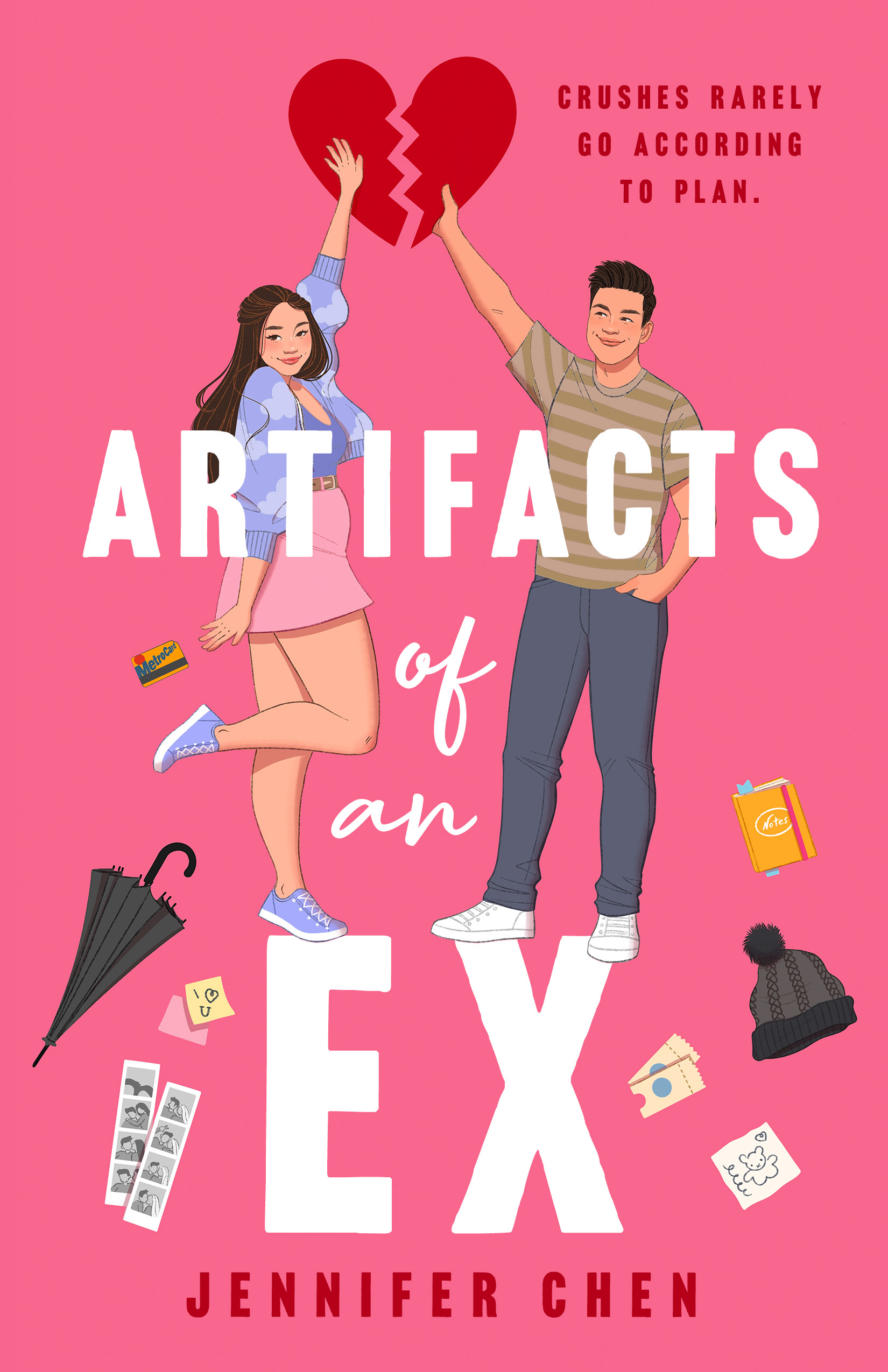 Pink cover for ARTIFACTS OF AN EX with Asian American teens and objects from the girls's breakup, like a knit hat, umbrella, and a Metrocard
